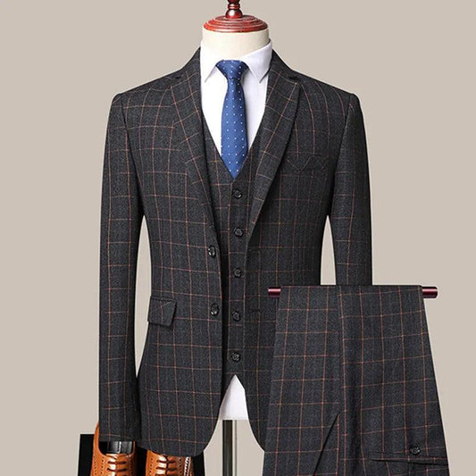 3-Piece Men Suits - Black - Plaid - Business Style - Checked Suit - Guocali