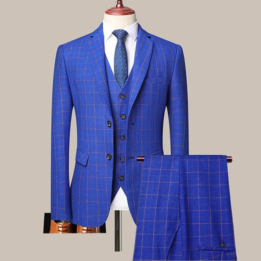 3-Piece Men Suits - Blue - Plaid - Business Style - Checked Suit - Guocali