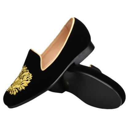 Embroidered Gold Floral Velvet Women Loafers