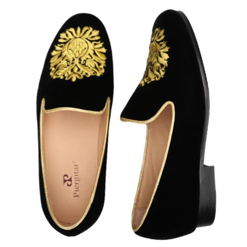 Embroidered Gold Floral Velvet Women Loafers