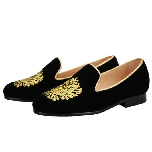 Embroidered Gold Floral Velvet Women Loafers