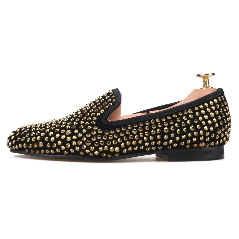 Gold Crystal Suede Loafer Shoes for Women