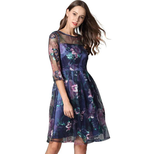 Floral Three-Quarter Sleeved Lace Dress