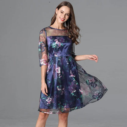 Floral Three-Quarter Sleeved Lace Dress