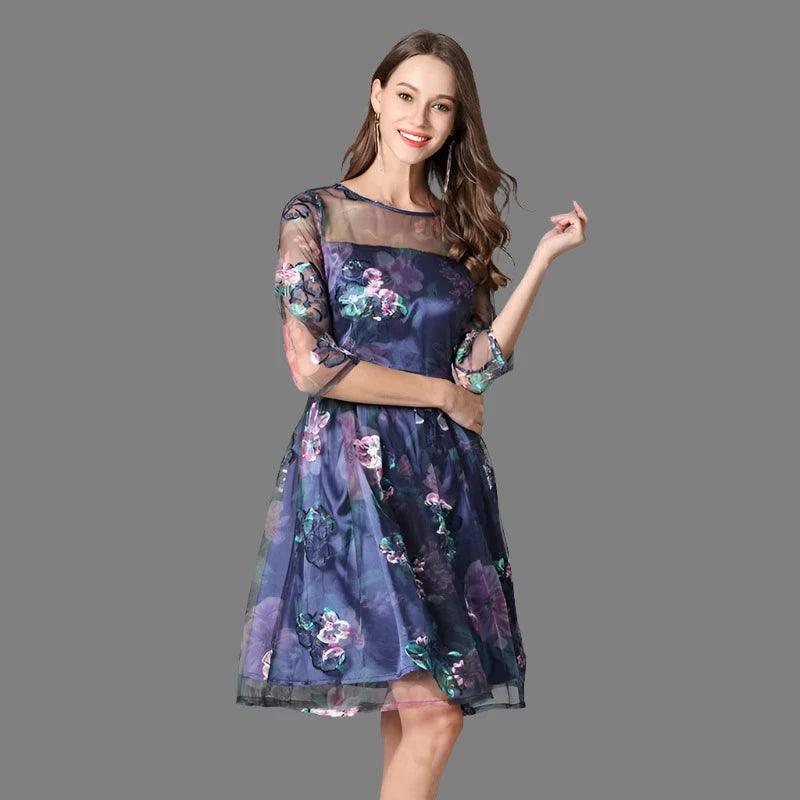 Floral Three-Quarter Sleeved Lace Dress