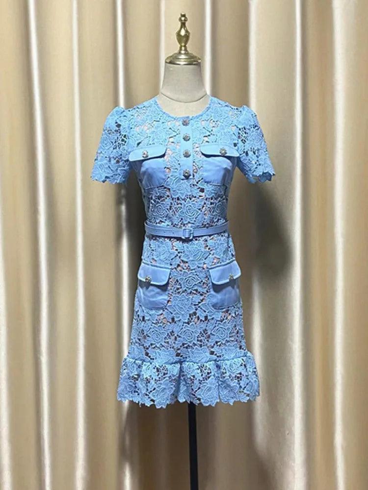 O-Neck Lace Button Party Dress