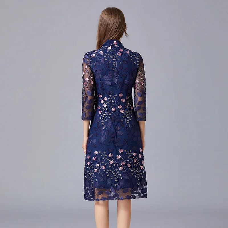 Embroidered V-Neck Floral Knee-Length Dress