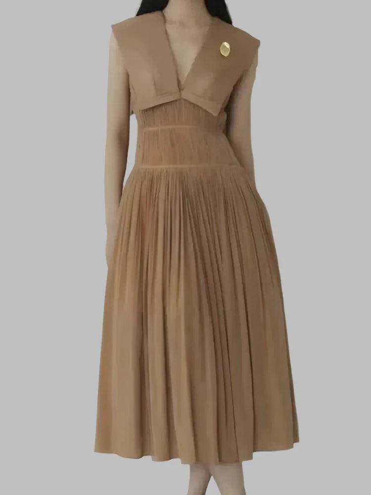 Sleeveless V-Neck Pleated Waistband Dress