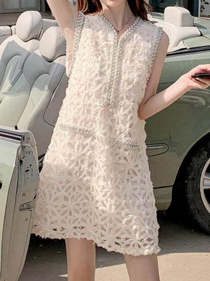 Studded Diamond V-Neck Lace Dress