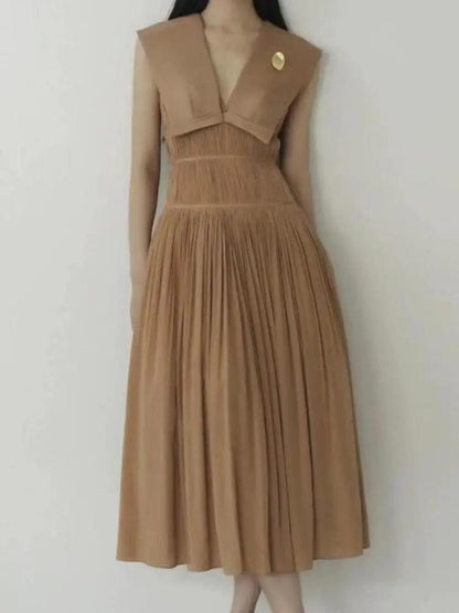 Sleeveless V-Neck Pleated Waistband Dress