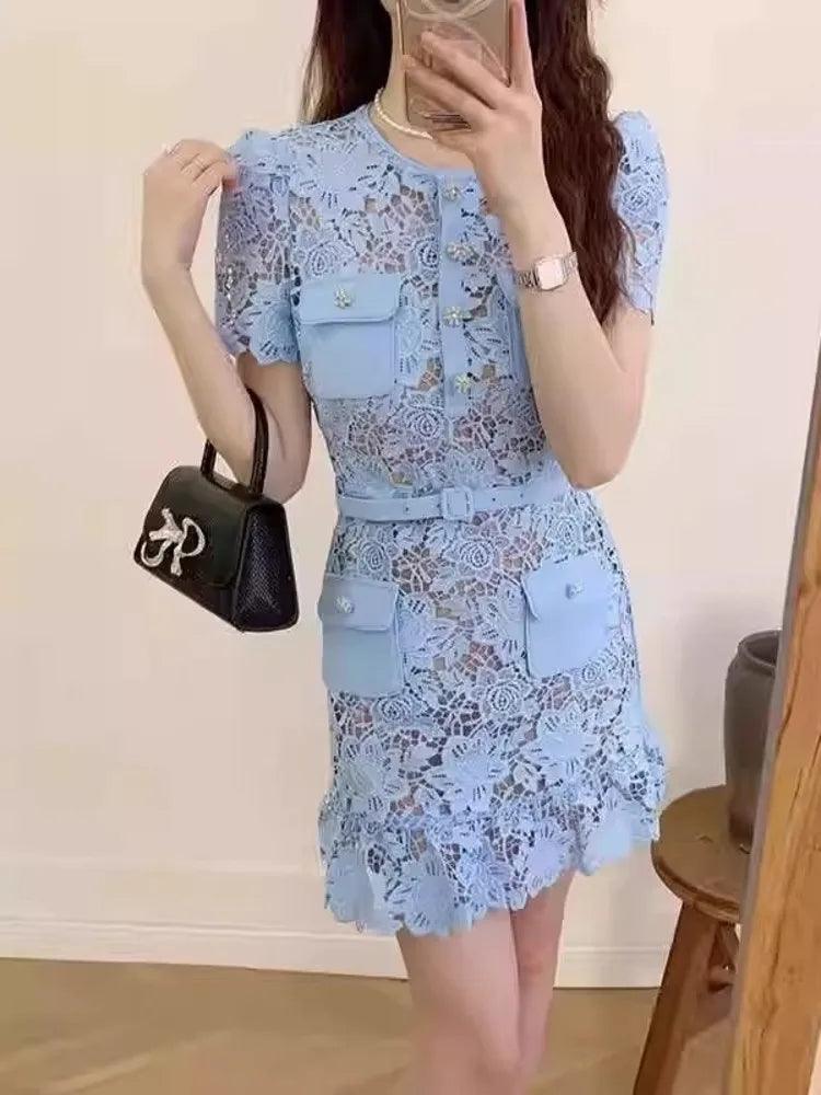 O-Neck Lace Button Party Dress