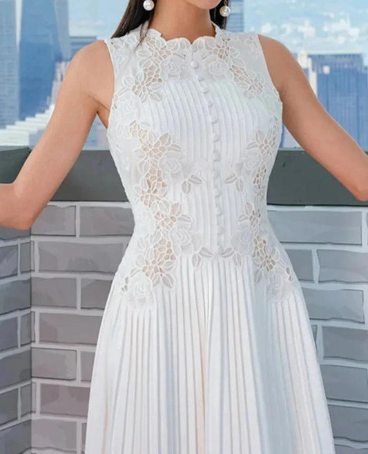 Sweet Long Pleated Lace Embroidery Dress