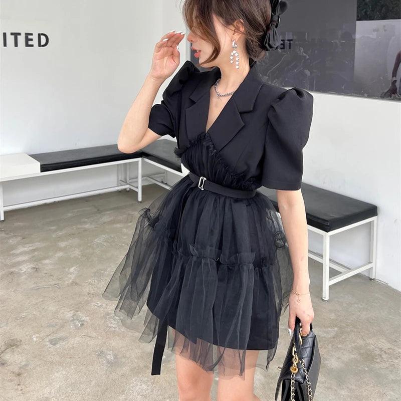 Notched Puff Sleeve Mesh Dress