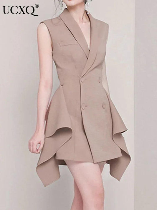 Double-Breasted Irregular Flounced Edge Dress