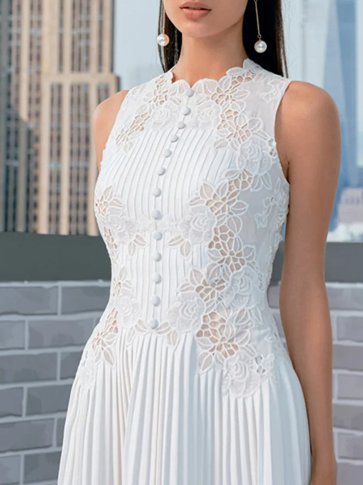 Sweet Long Pleated Lace Embroidery Dress