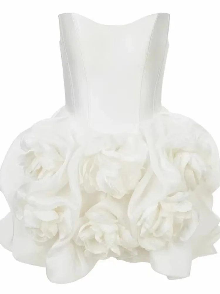 Elegant Strapless White Flower Short Dress