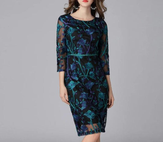 Embroidered Three-Quarter Knee-Length Lace Dress