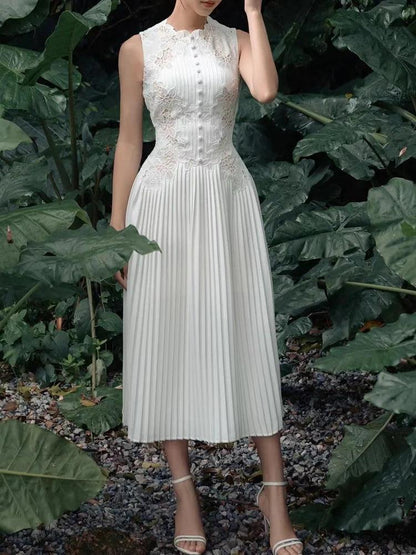 Sweet Long Pleated Lace Embroidery Dress