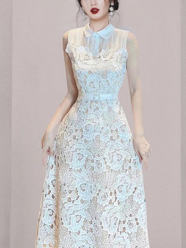 Doll Neck Patchwork Flower Lace Dress