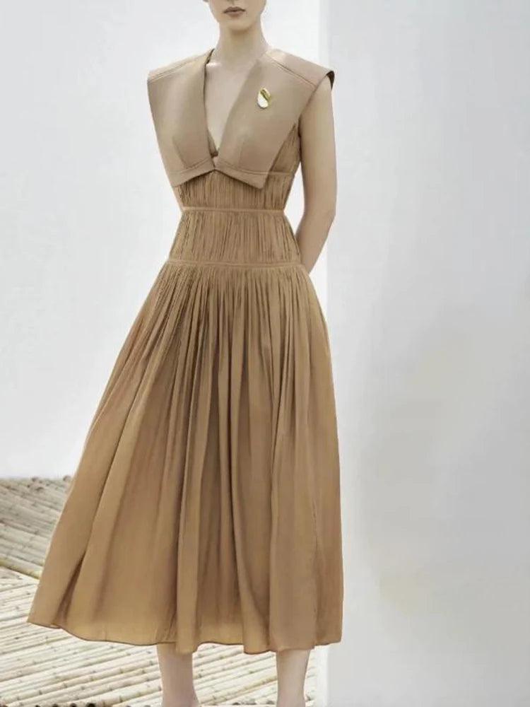 Sleeveless V-Neck Pleated Waistband Dress