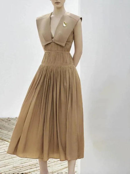 Sleeveless V-Neck Pleated Waistband Dress