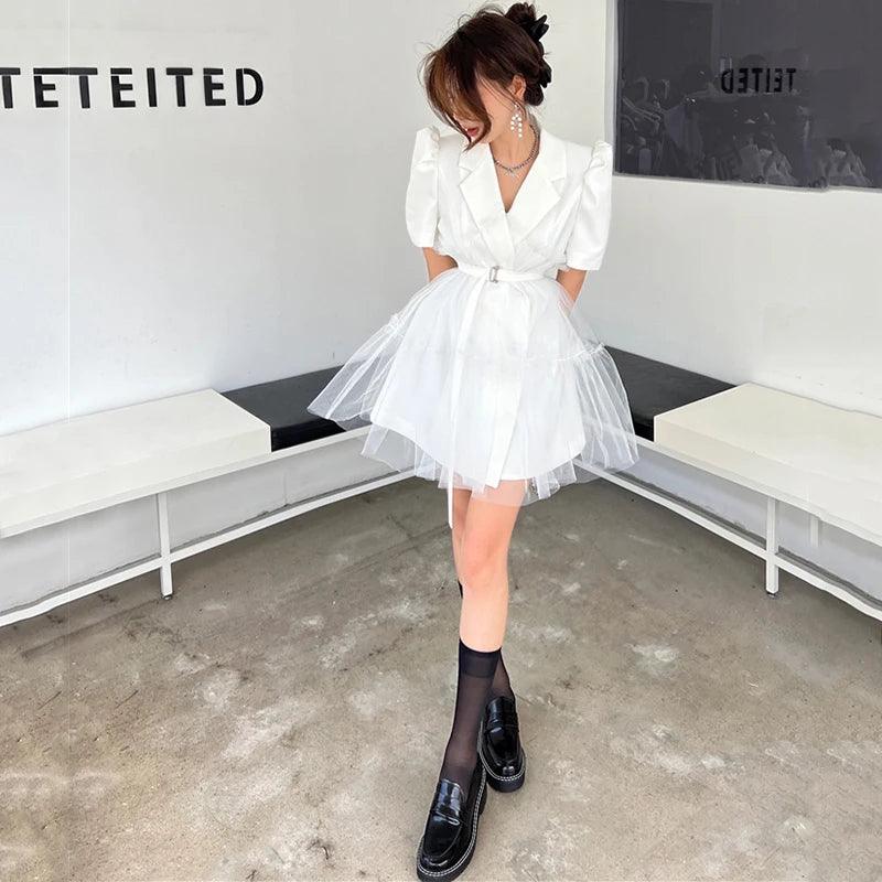 Notched Puff Sleeve Mesh Dress