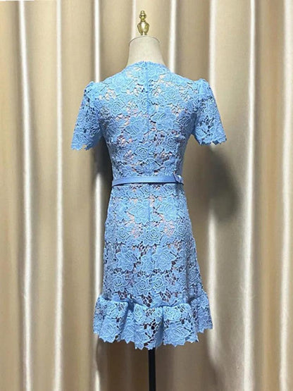 O-Neck Lace Button Party Dress