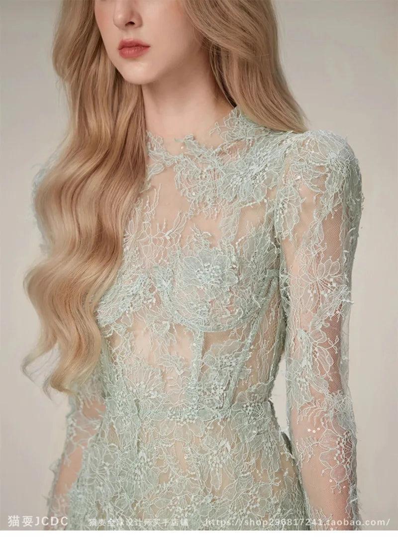 Green Lace Bodycon Long-Sleeve Party Dress