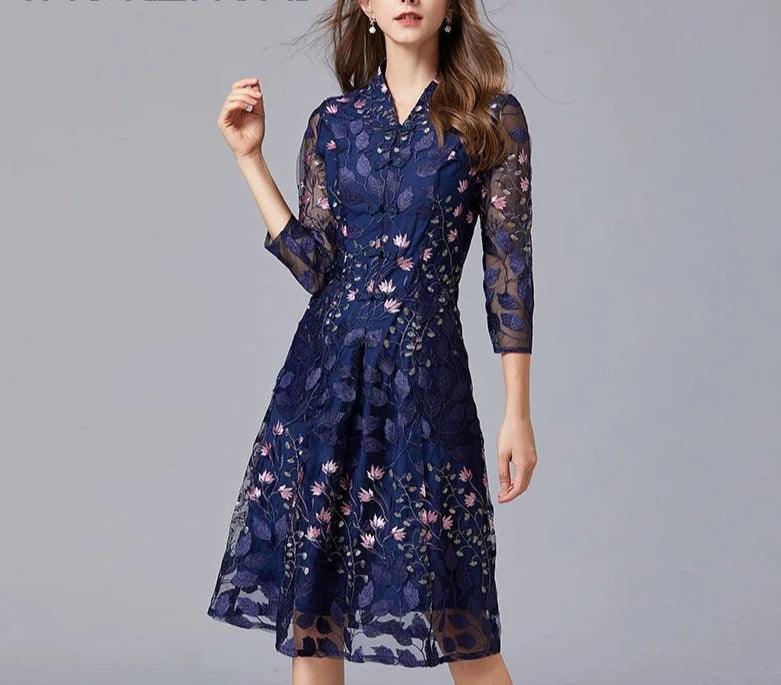 Embroidered V-Neck Floral Knee-Length Dress