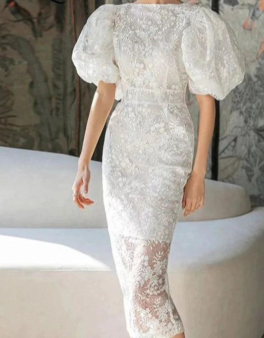 Fashion Bubble Sleeves Lace Sequin Dress