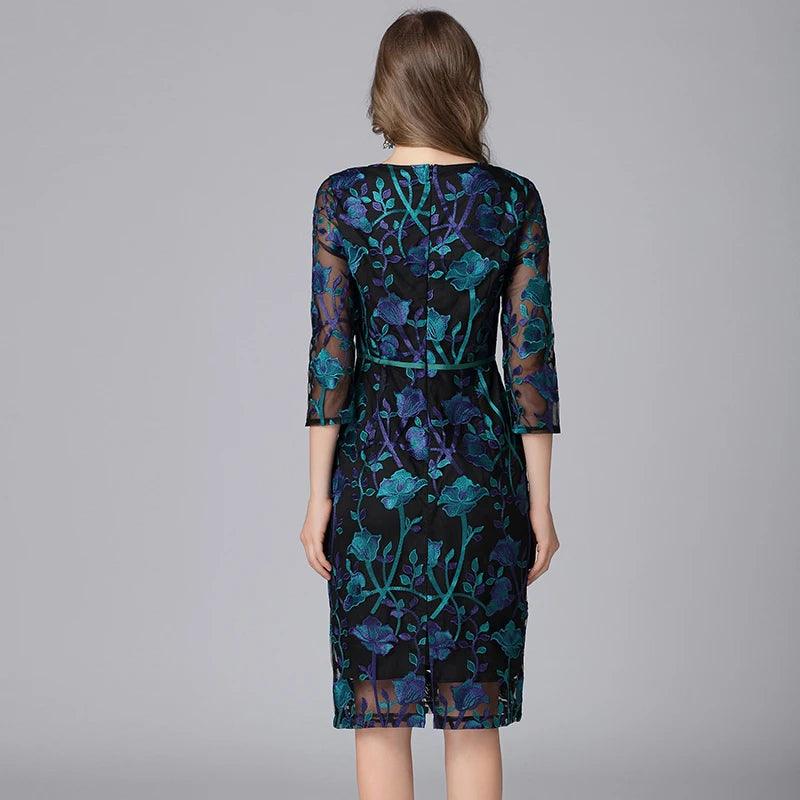 Embroidered Three-Quarter Knee-Length Lace Dress