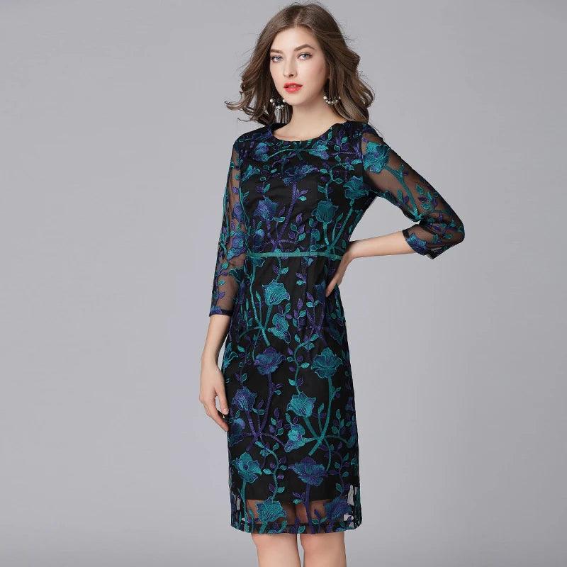 Embroidered Three-Quarter Knee-Length Lace Dress