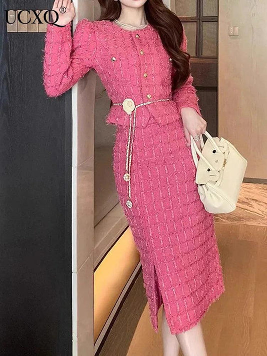 Elegant Pink Tweed Cardigan Skirt Set