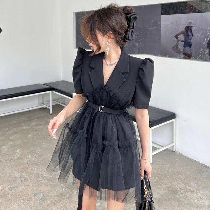 Notched Puff Sleeve Mesh Dress