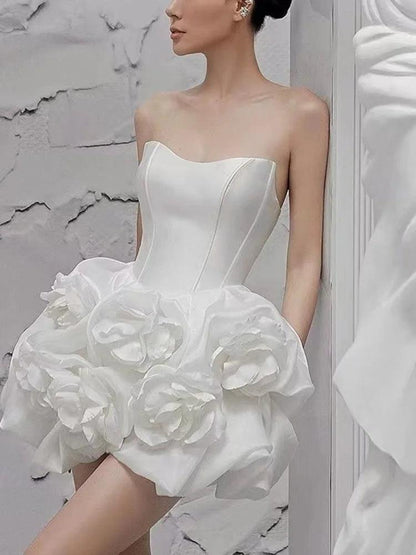 Elegant Strapless White Flower Short Dress