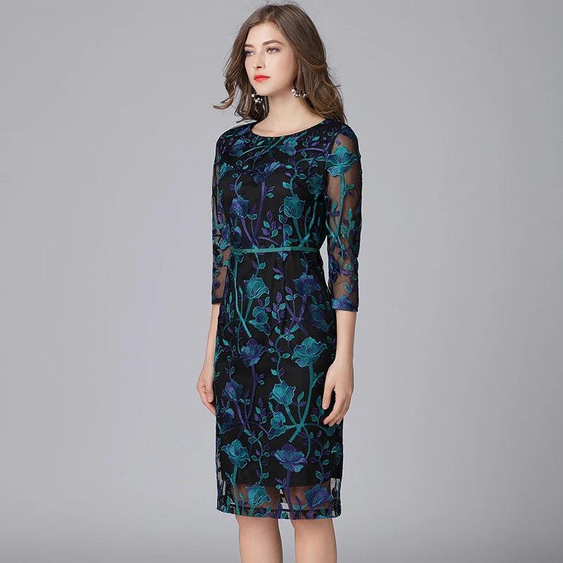 Embroidered Three-Quarter Knee-Length Lace Dress