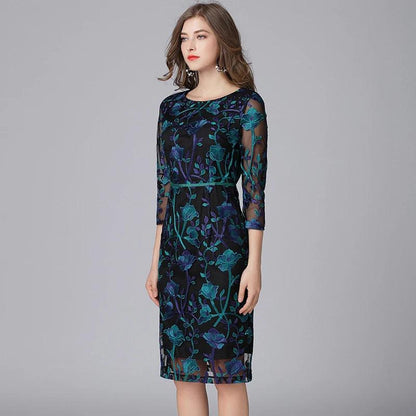 Embroidered Three-Quarter Knee-Length Lace Dress