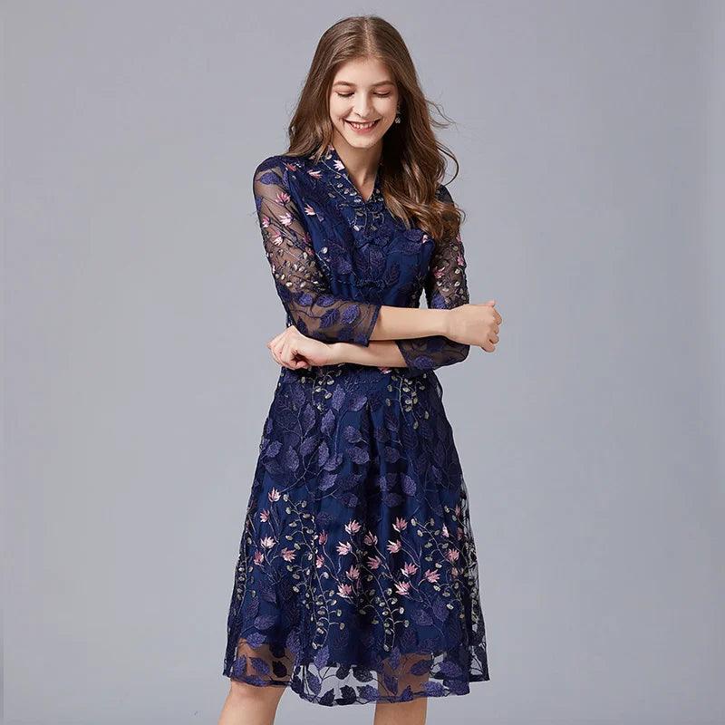 Embroidered V-Neck Floral Knee-Length Dress