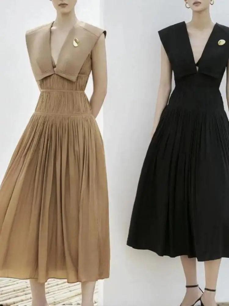 Sleeveless V-Neck Pleated Waistband Dress