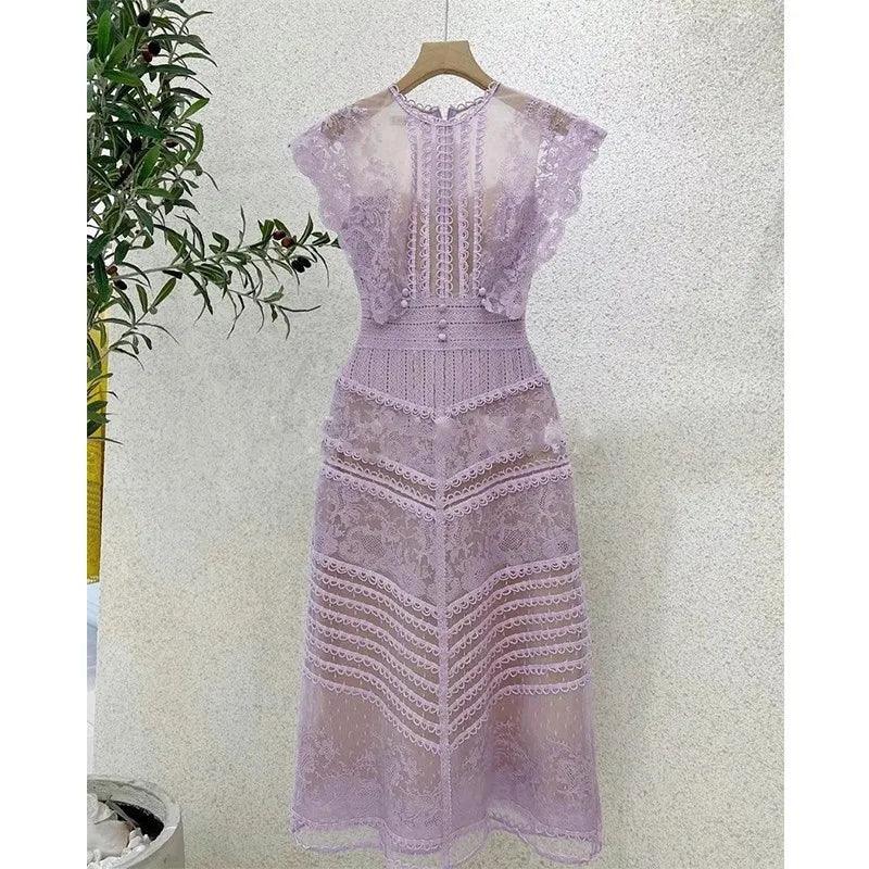 Embroidery Hollow Out Mid-Length Lace Dress