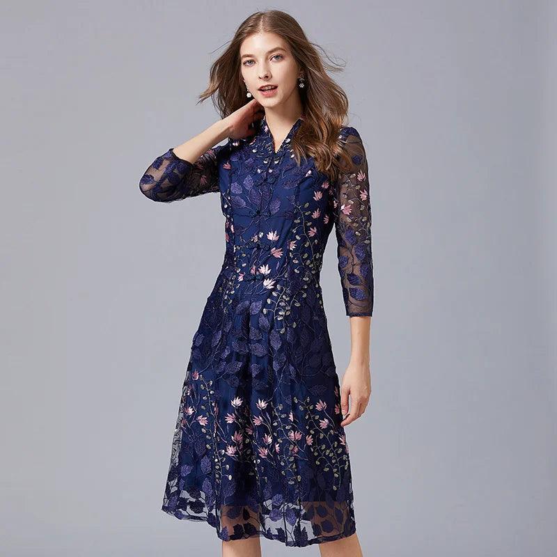 Embroidered V-Neck Floral Knee-Length Dress