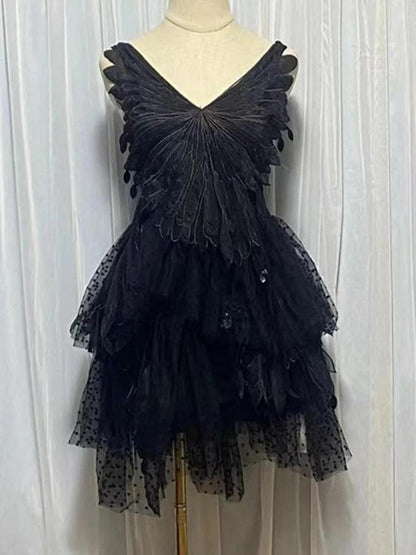 Feather Hollow V-Neck Suspender Dress