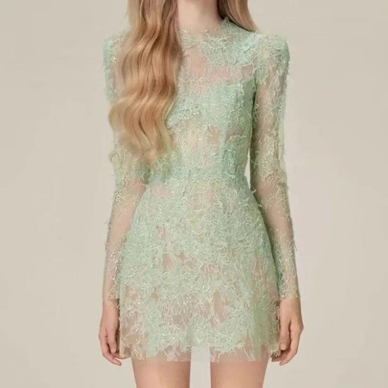 Green Lace Bodycon Long-Sleeve Party Dress