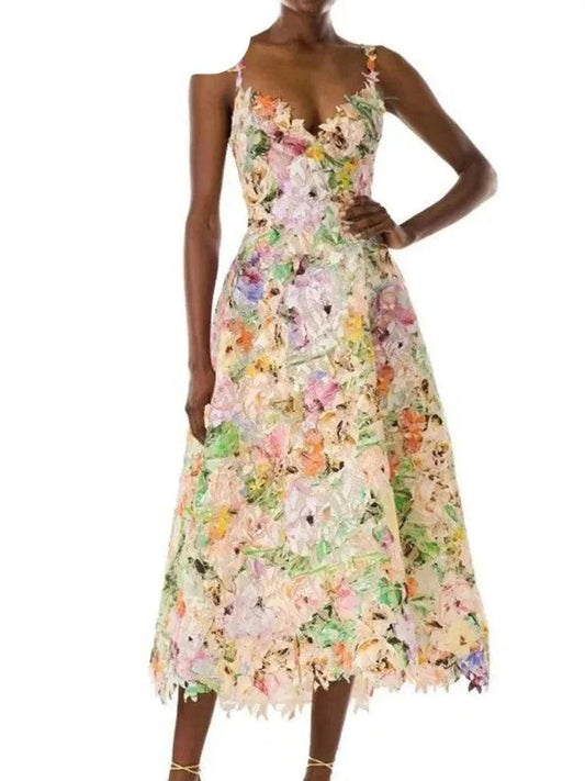 Long Printed 3D Flower Dress