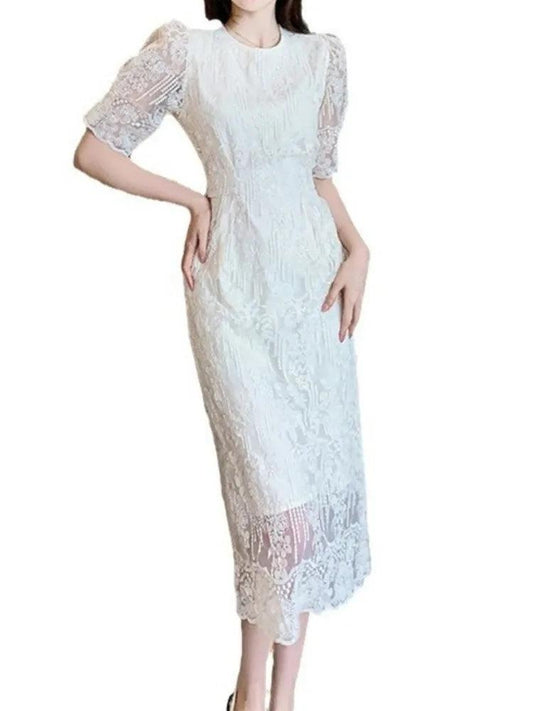 White O-Neck Lace Bubble Sleeve Dress