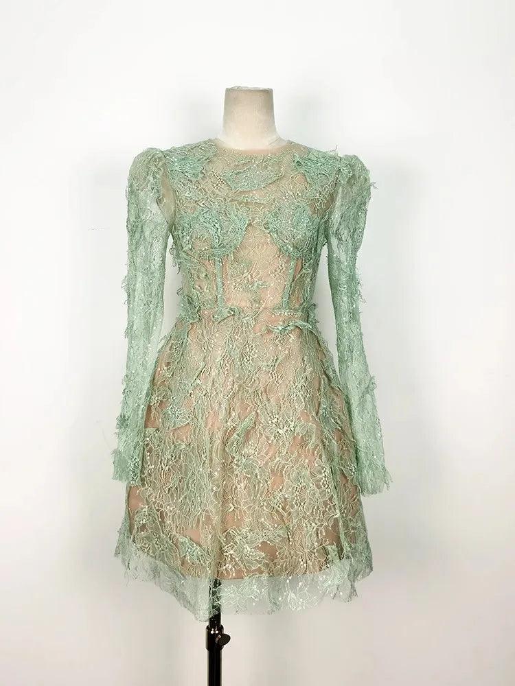 Green Lace Bodycon Long-Sleeve Party Dress