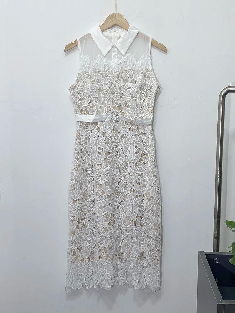 Doll Neck Patchwork Flower Lace Dress