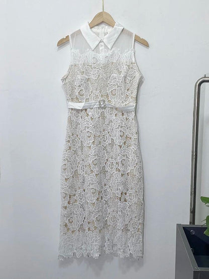 Doll Neck Patchwork Flower Lace Dress