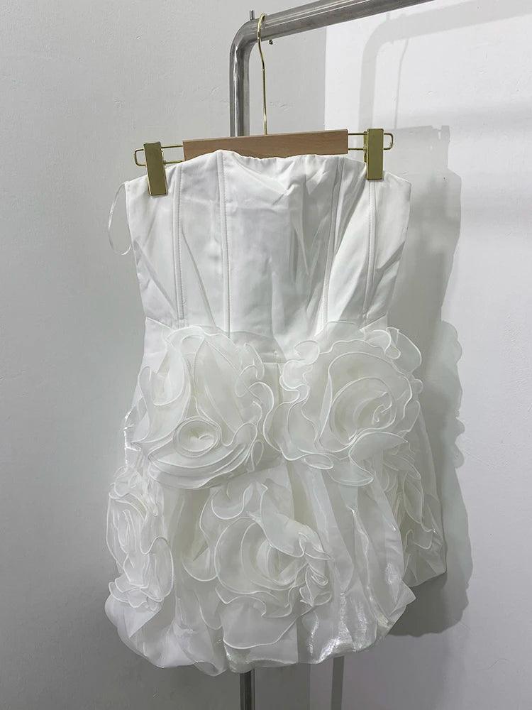 Elegant Strapless White Flower Short Dress