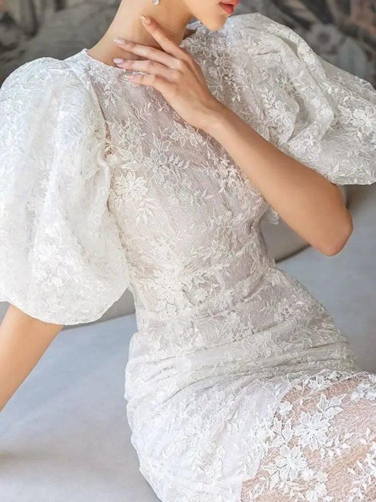 Fashion Bubble Sleeves Lace Sequin Dress